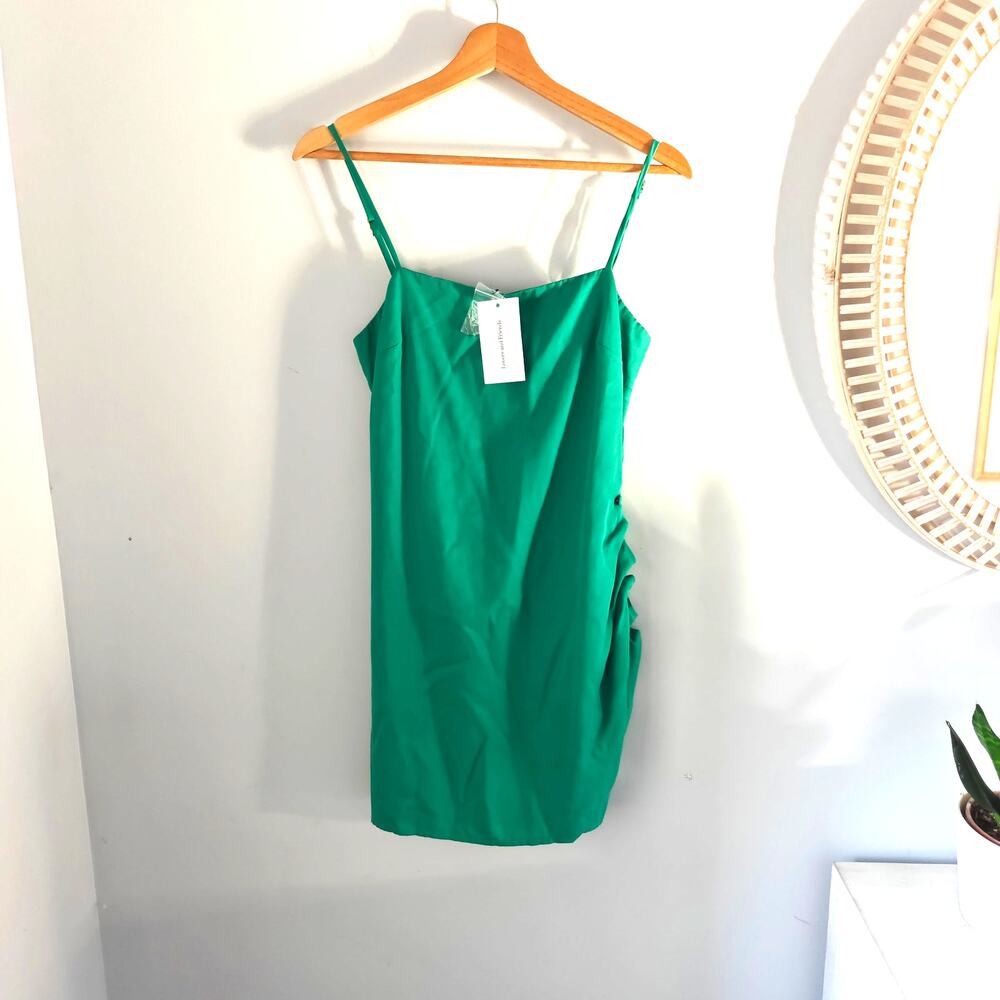 LOVERS + FRIENDS Ellis Mini Dress Lucky Charm Green Ruched Button Size S NWT